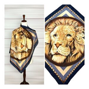 Zhensi Silk Square Scarf Blue Tan Lion Head Print Hand Rolled 31x31”